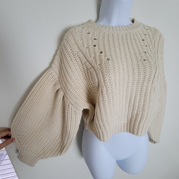 Topshop Cream Pointelle Knit Sweater Small Balloon Sleeve Chunky Pullover NWT - Picture 7 of 13